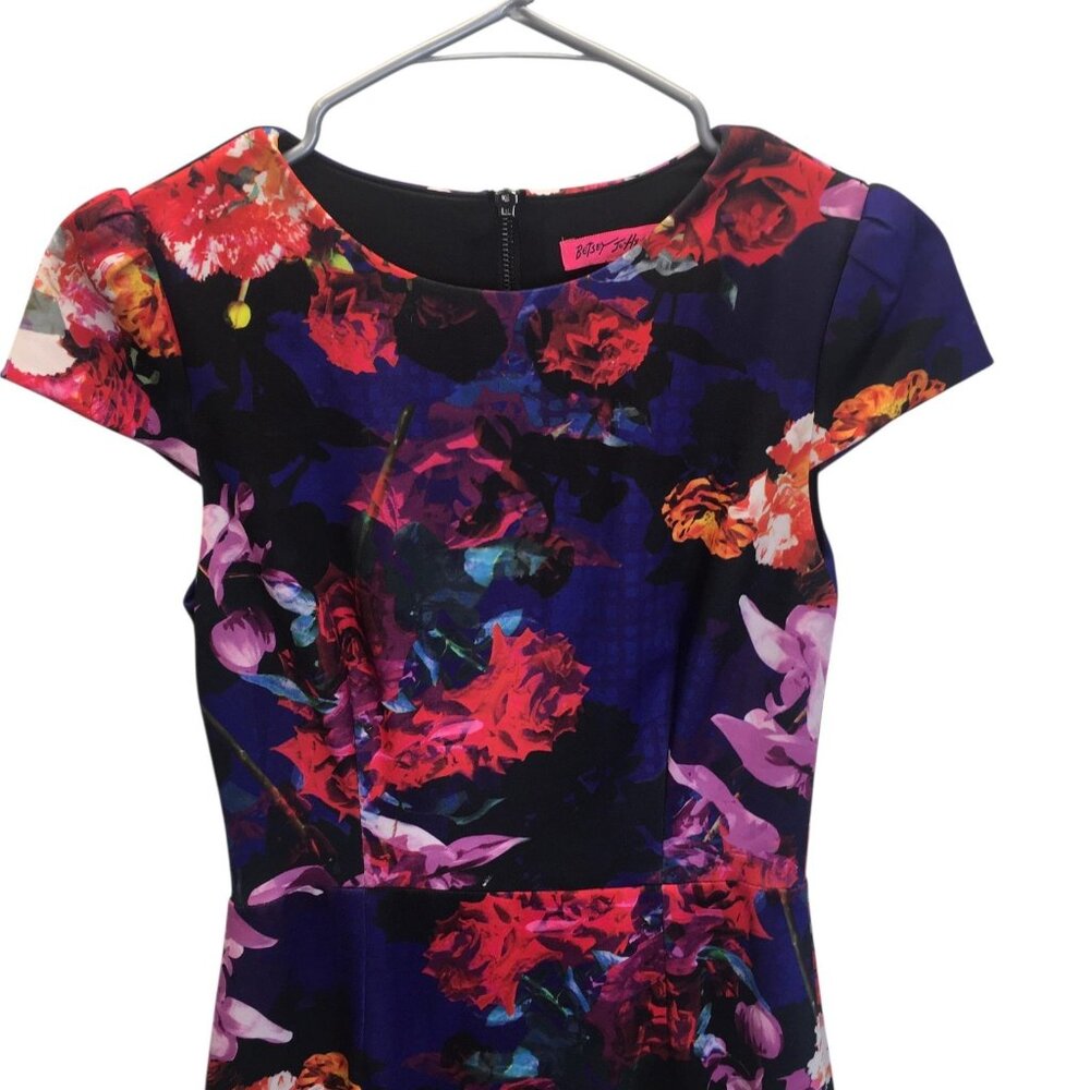Betsey Johnson Dress Womens 2 Black Floral Cap Sleeve Sheath Back Zip Cocktail - Picture 13 of 16